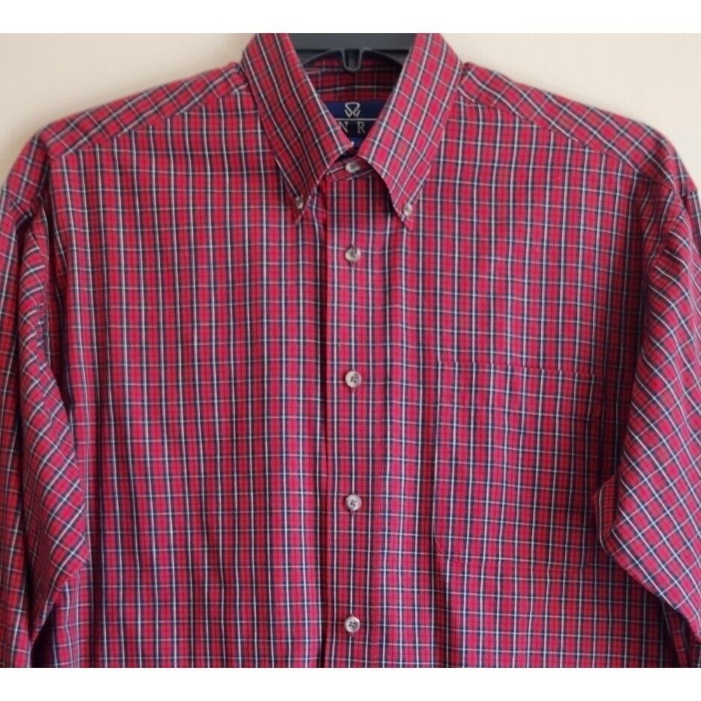 ENRO Mens M Button Down Shirt Long Sleeve Red Blue Checked Casual Wrinkle Free - Picture 4 of 7